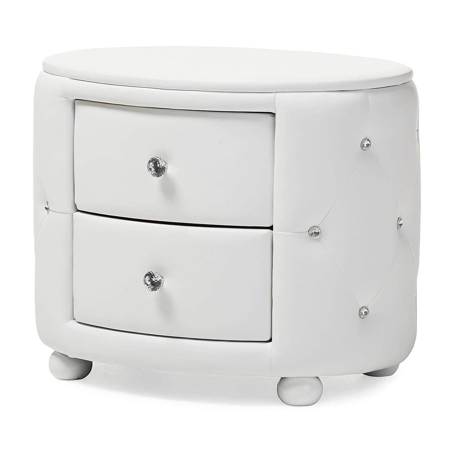Baxton Studio Davina Hollywood Glamour Style Oval 2-Drawer Faux Leather Upholstered Nightstand, Medium, White